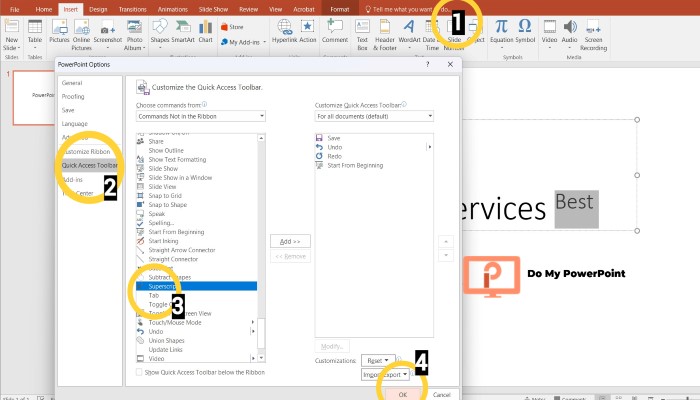 Subscript Superscript PowerPoint Quick Access Toolbar